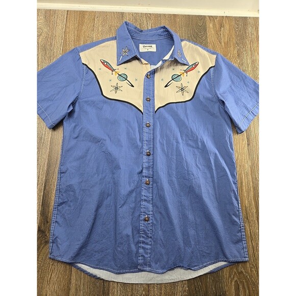 BoozeLeLe 1950s Atomic Rocket Western Button-Down Shirt Mens Medium Blue - Picture 3 of 10